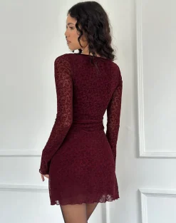 Luth Mini Dress in Ditsy Flocked Burnt Maroon