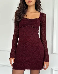 Luth Mini Dress in Ditsy Flocked Burnt Maroon