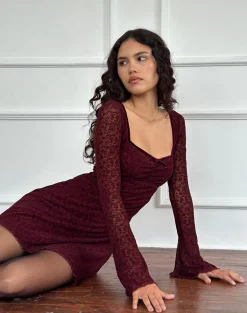 Luth Mini Dress in Ditsy Flocked Burnt Maroon