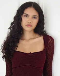 Luth Mini Dress in Ditsy Flocked Burnt Maroon