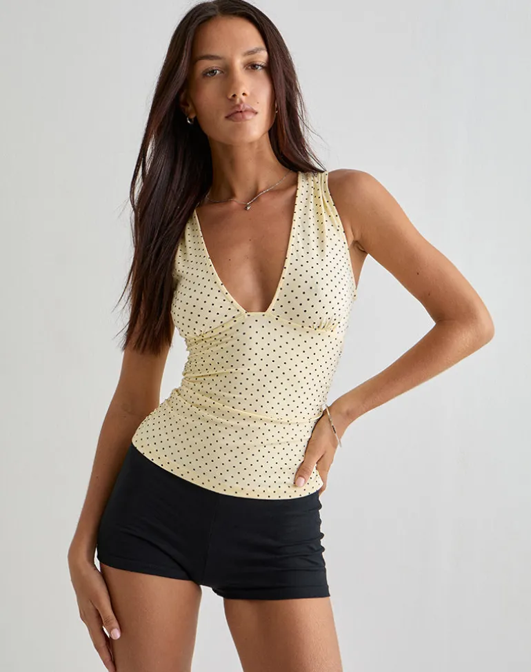 Lycia Plunge Top in Cream with Black Micro Polka Print