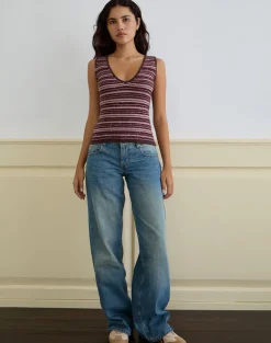 Lycia Plunge Top in Glitter Knit Striped Purple