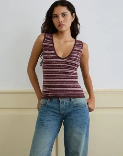 Lycia Plunge Top in Glitter Knit Striped Purple