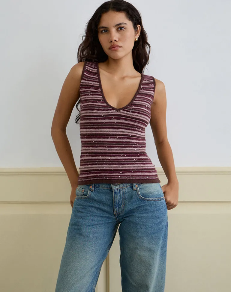 Lycia Plunge Top in Glitter Knit Striped Purple