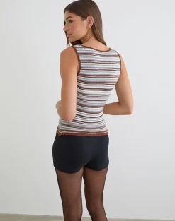 Lycia Plunge Top in Knit Stripe Blue and Brown