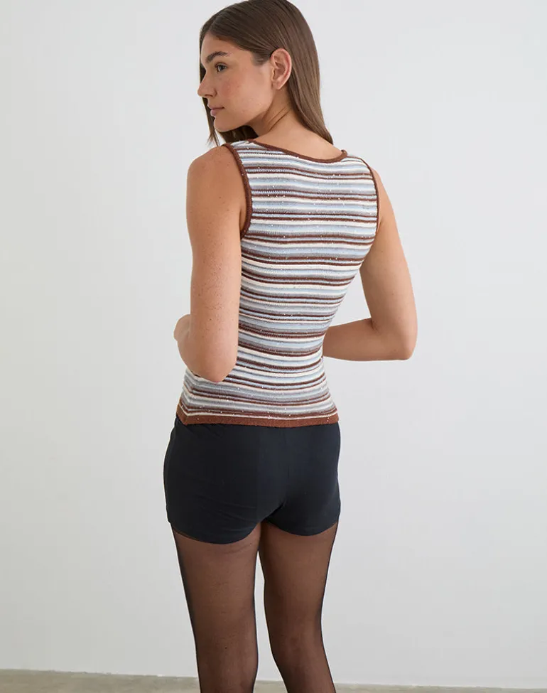 Lycia Plunge Top in Knit Stripe Blue and Brown