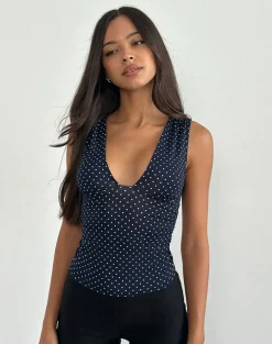 Lycia Plunge Top in Micro Polka Navy