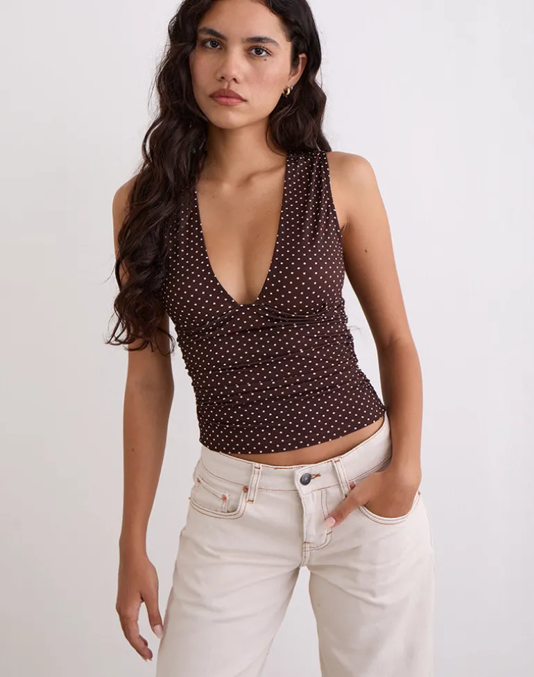 Lycia Plunge Top in Micro Polka Brown