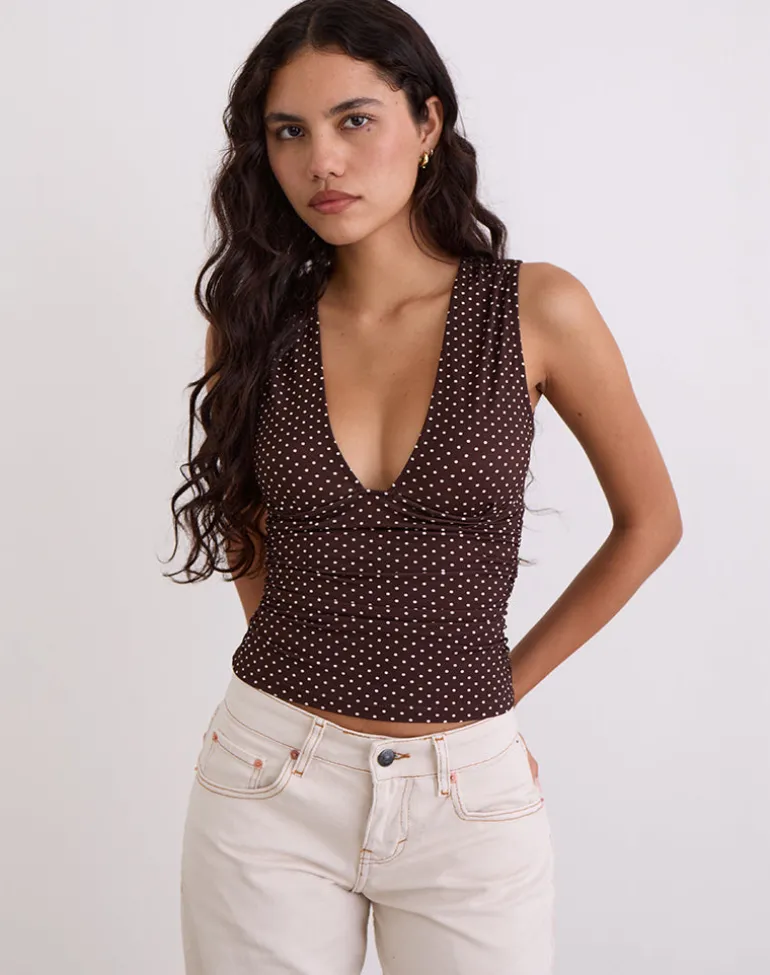 Lycia Plunge Top in Micro Polka Brown