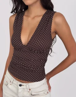 Lycia Plunge Top in Micro Polka Brown