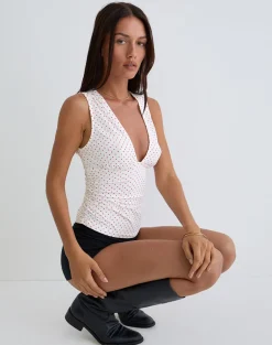 Lycia Plunge Top in White with Red Micro Polka Print