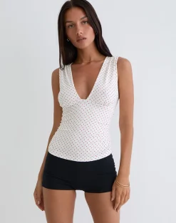 Lycia Plunge Top in White with Red Micro Polka Print