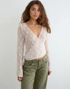 Maeko Crochet Wrap Top in Knit Ecru