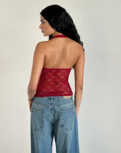 Maggha Halterneck Top in Mari Lace Red