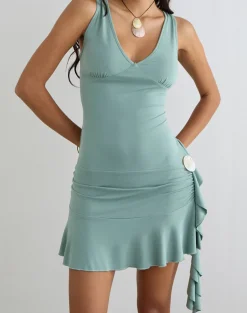 Mahalia Plunge Mini Dress in Aqua Grey