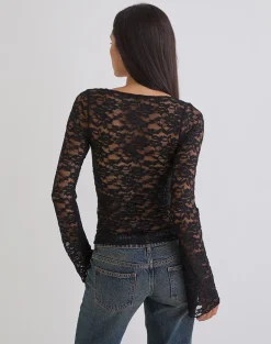 Mahota Deep Plunge Long Sleeve Top in Lace Black