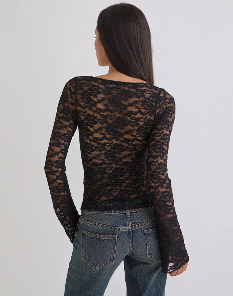 Mahota Deep Plunge Long Sleeve Top in Lace Black