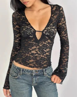 Mahota Deep Plunge Long Sleeve Top in Lace Black