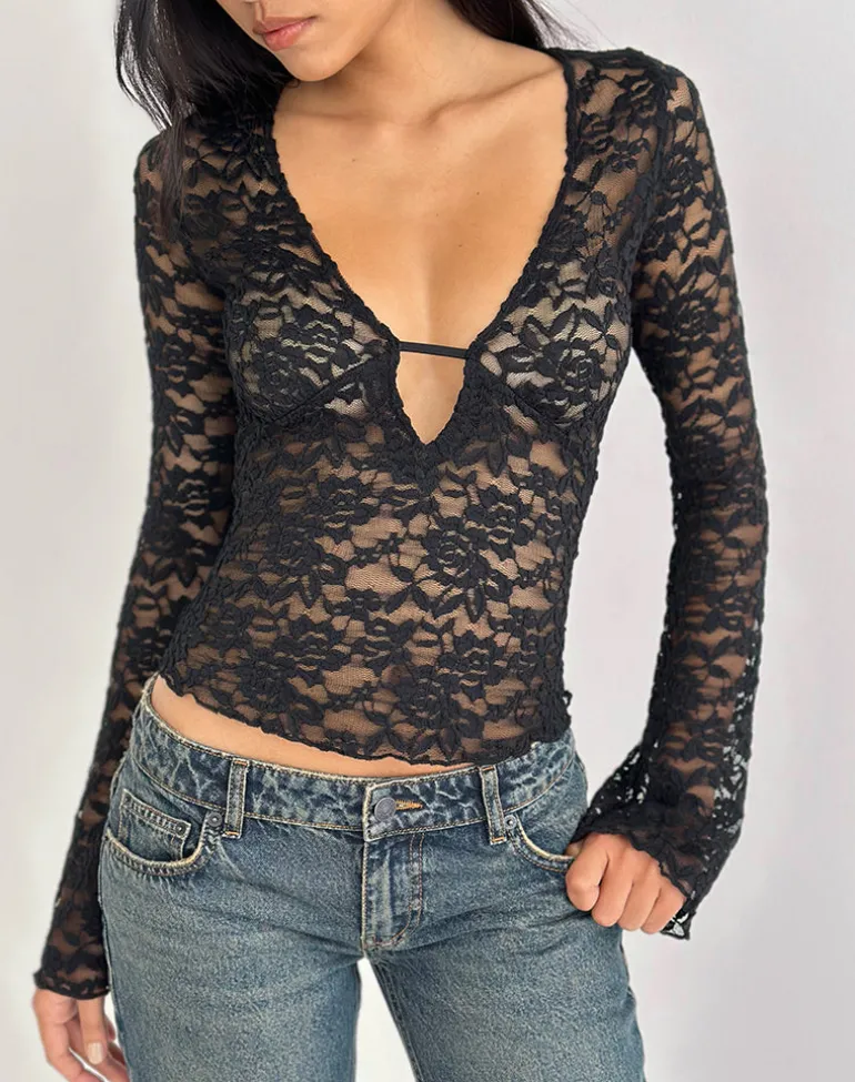 Mahota Deep Plunge Long Sleeve Top in Lace Black