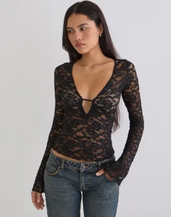 Mahota Deep Plunge Long Sleeve Top in Lace Black