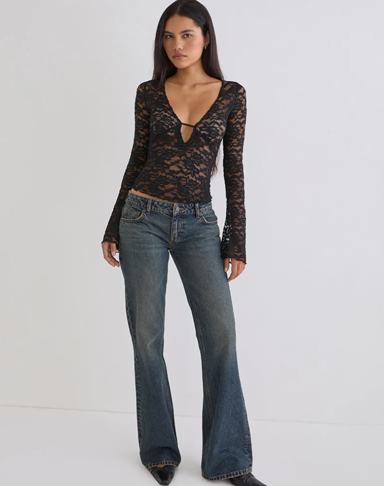 Mahota Deep Plunge Long Sleeve Top in Lace Black