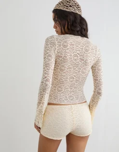 Mahota Deep Plunge Long Sleeve Top in Lace Ivory