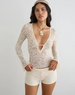Mahota Deep Plunge Long Sleeve Top in Lace Ivory