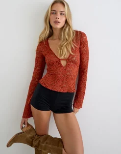 Mahota Deep Plunge Long Sleeve Top in Lace Mesh Brick