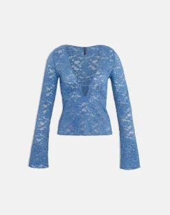 Mahota Deep Plunge Long Sleeve Top in Dark Blue Lace
