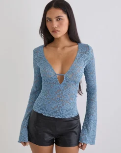 Mahota Deep Plunge Long Sleeve Top in Dark Blue Lace