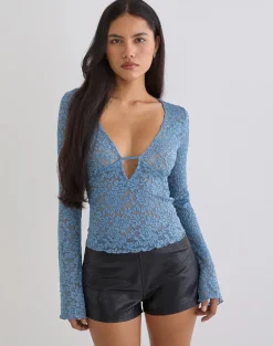 Mahota Deep Plunge Long Sleeve Top in Dark Blue Lace