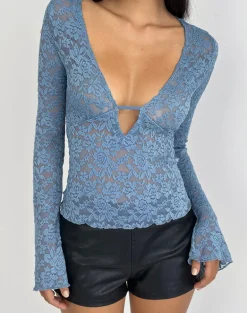 Mahota Deep Plunge Long Sleeve Top in Dark Blue Lace