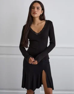 Maivi Long Sleeve Top in Black with Lace Trim