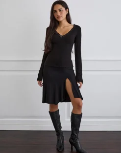 Maivi Long Sleeve Top in Black with Lace Trim