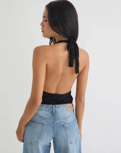 Maizy Halterneck Bodysuit in Black Floral Lace