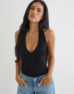 Maizy Halterneck Bodysuit in Black Floral Lace