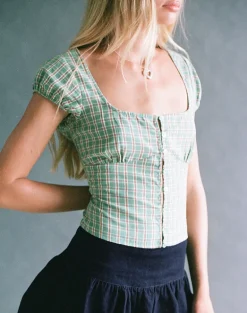 Malsa Scoop Button Blouse in Teal Check