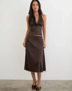 Manyala Midi Skirt in Satin Dark Brown