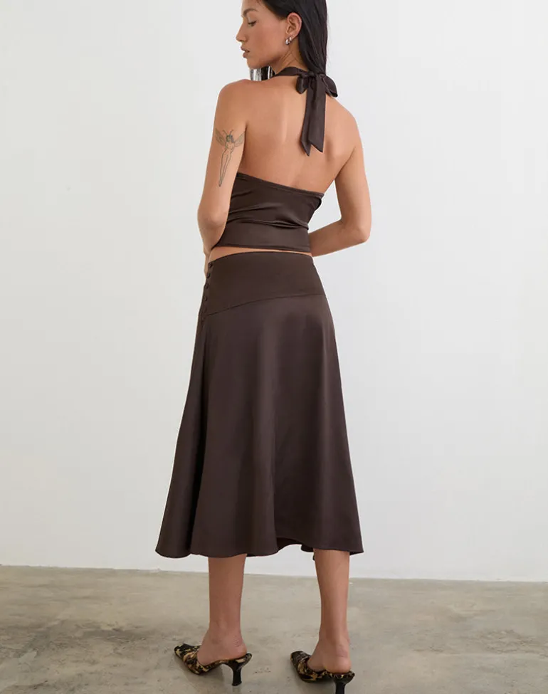 Manyala Midi Skirt in Satin Dark Brown