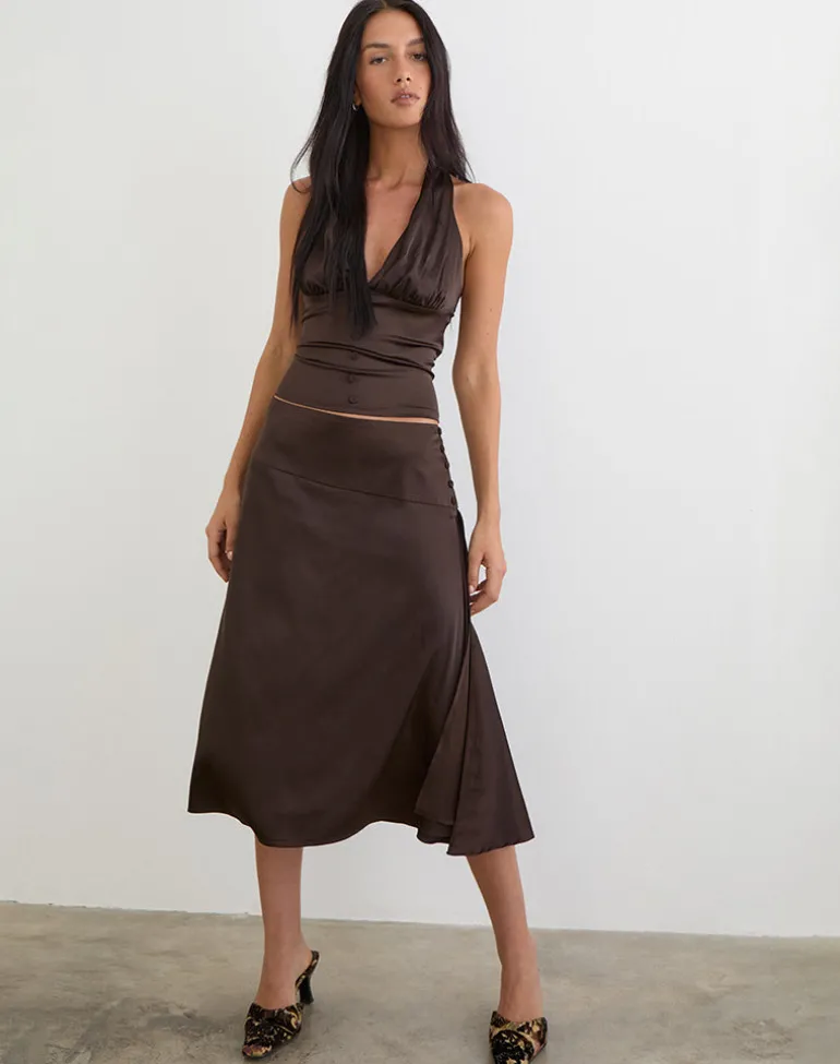 Manyala Midi Skirt in Satin Dark Brown