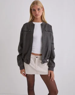 Marco Distressed Bomber Jacket in PU Charcoal