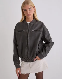 Marco Distressed Bomber Jacket in PU Charcoal