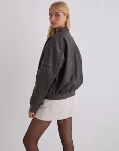 Marco Distressed Bomber Jacket in PU Charcoal