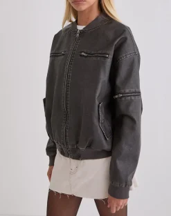 Marco Distressed Bomber Jacket in PU Charcoal