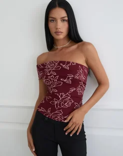 Marga One Shoulder Top in Outline Rose Maroon