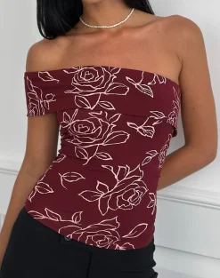 Marga One Shoulder Top in Outline Rose Maroon