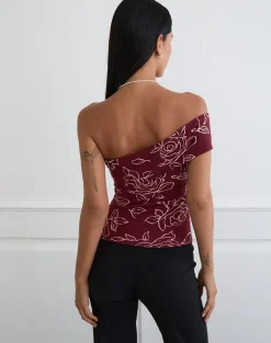 Marga One Shoulder Top in Outline Rose Maroon