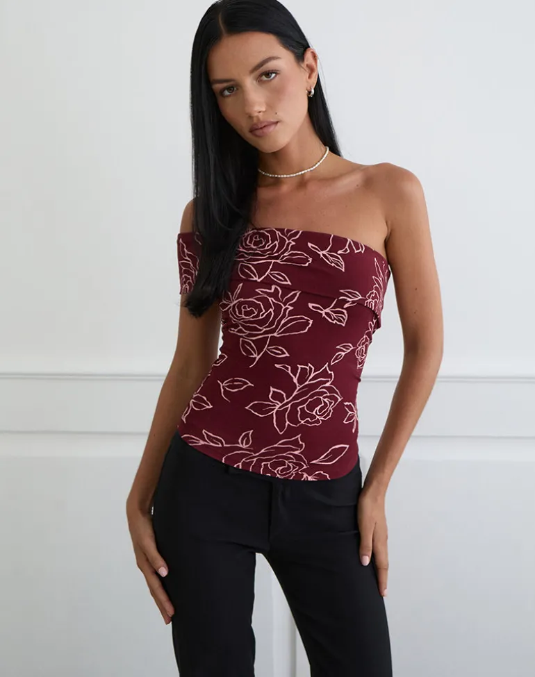 Marga One Shoulder Top in Outline Rose Maroon