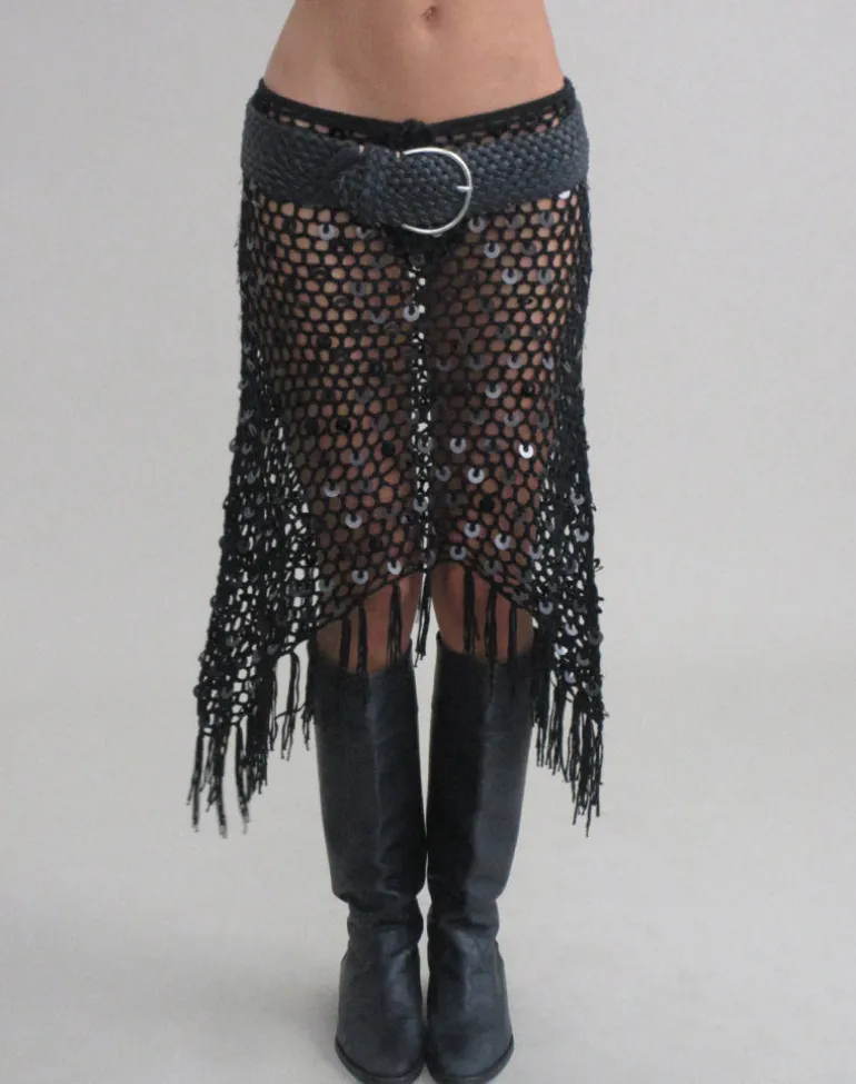 Maritza Midi Skirt in Crochet Knit Black