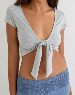 Marla Tie-Front Crop Top in Grey Marl